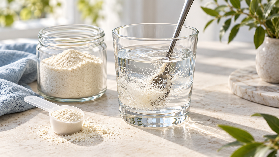 Collagen powder in a glass jar beside a scoop and a glass of water