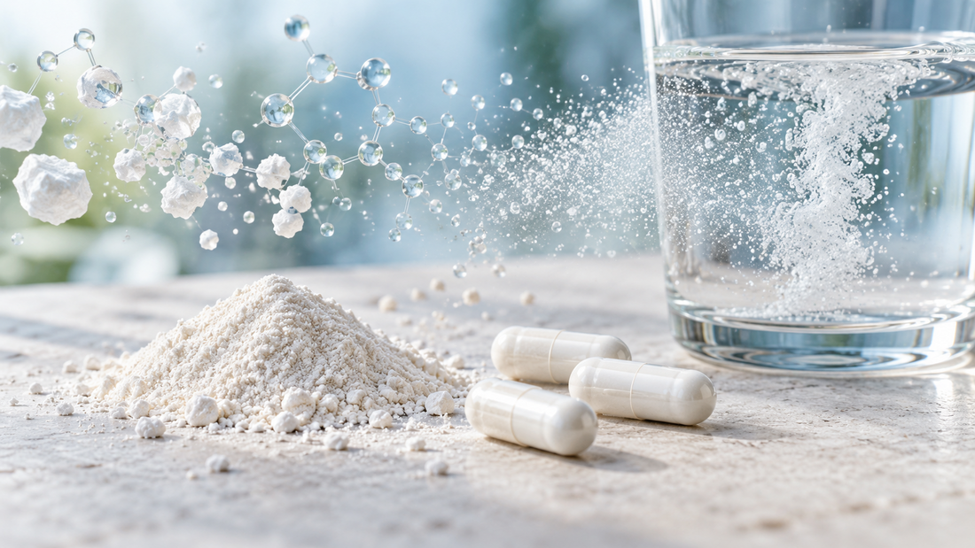 Magnesium powder and capsules dissolving in water, illustrating differences between bisglycinate, citrate and oxide