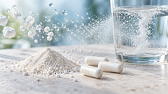 Magnesium powder and capsules dissolving in water, illustrating differences between bisglycinate, citrate and oxide