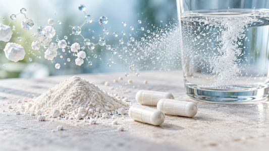 Magnesium powder and capsules dissolving in water, illustrating differences between bisglycinate, citrate and oxide