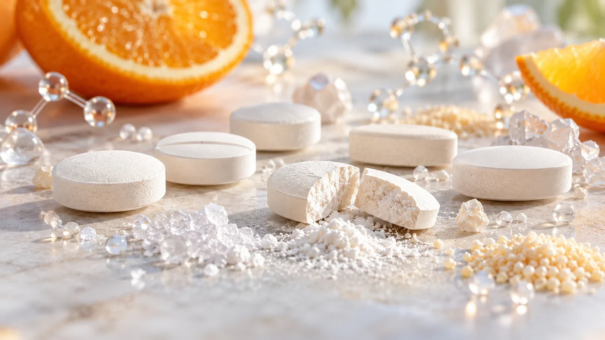 White vitamin C tablets with orange slices, crystals and decorative molecular structures
