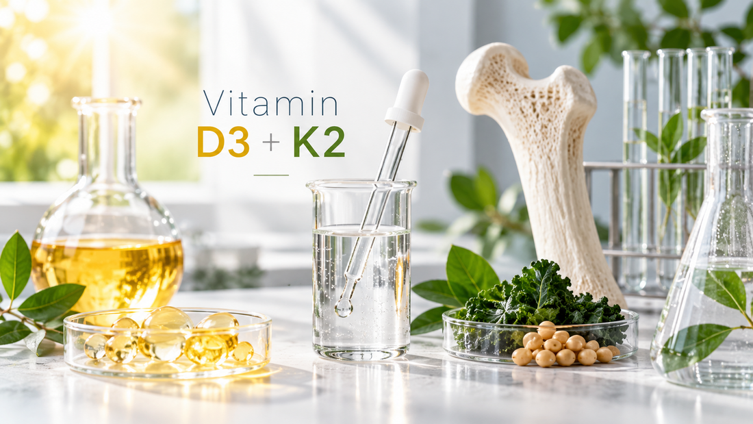 Vitamin D3 and K2 bone health guide with laboratory glassware, vitamin capsules, leafy greens and a bone model