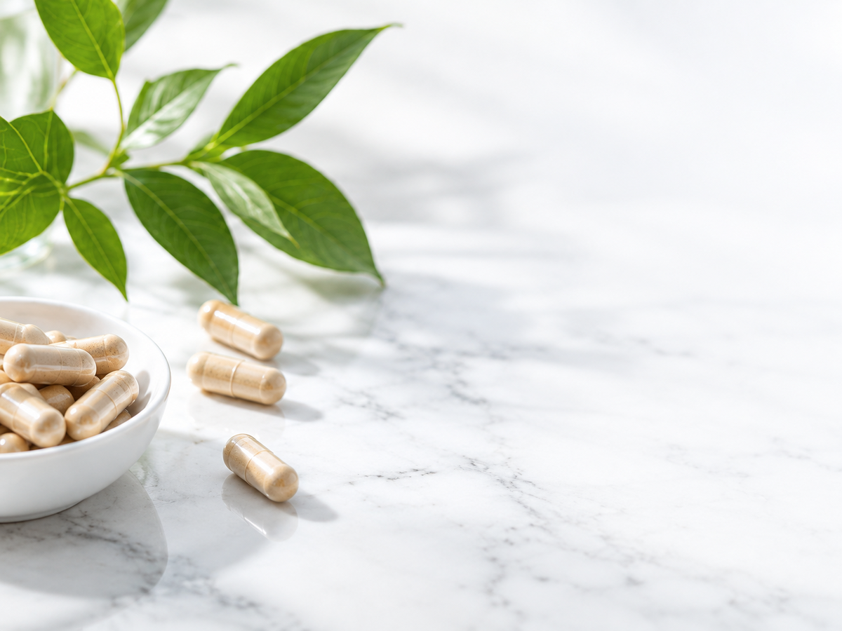 Botanical leaves and supplement capsules on a bright marble surface